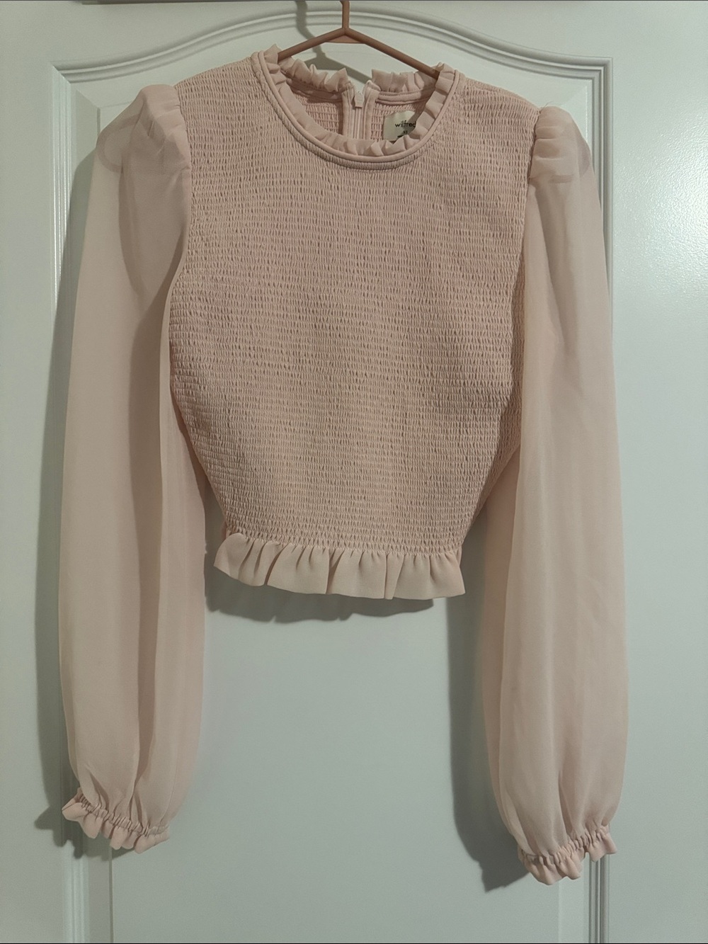 Aritzia Blush Pink Smocked Peplum Long Sleeve Blouse